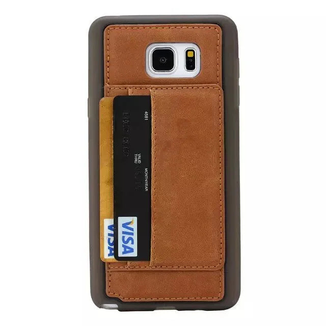 Brown Samsung card phone case side view showing button and port access
