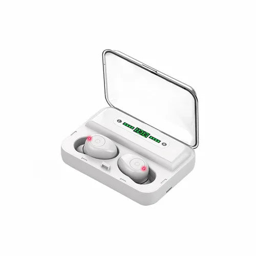 Charging case in hand showing the compact and portable design of the headset accessory.