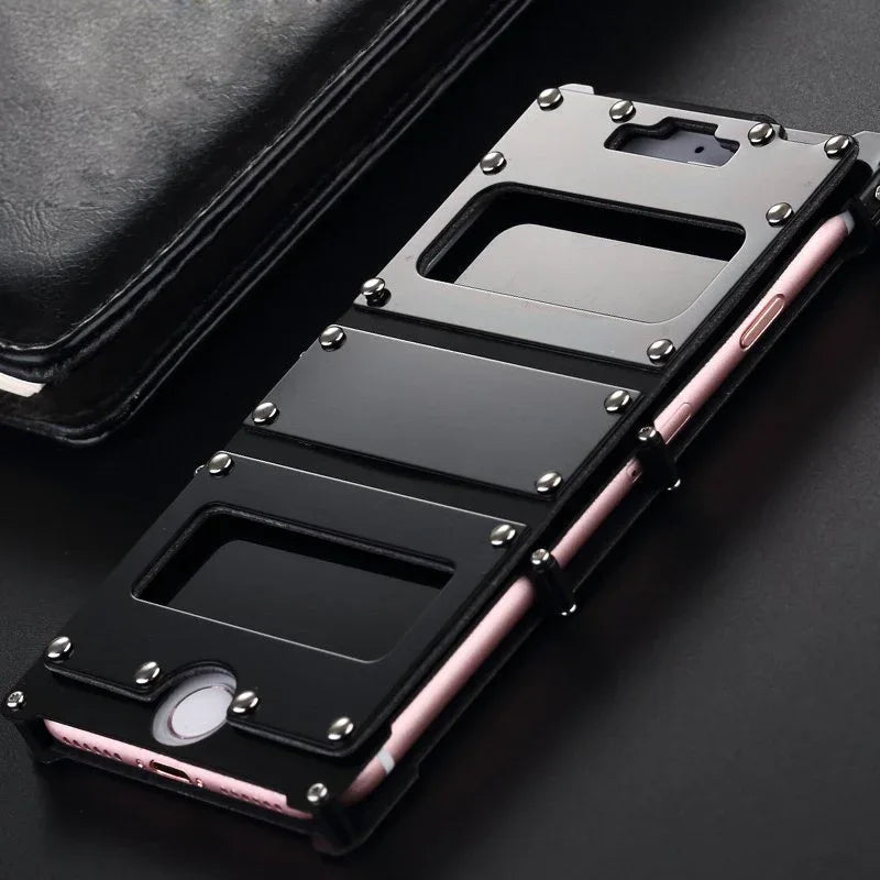 Black Steel Armour iPhone Case II highlighting textured nylon and stainless steel materials
