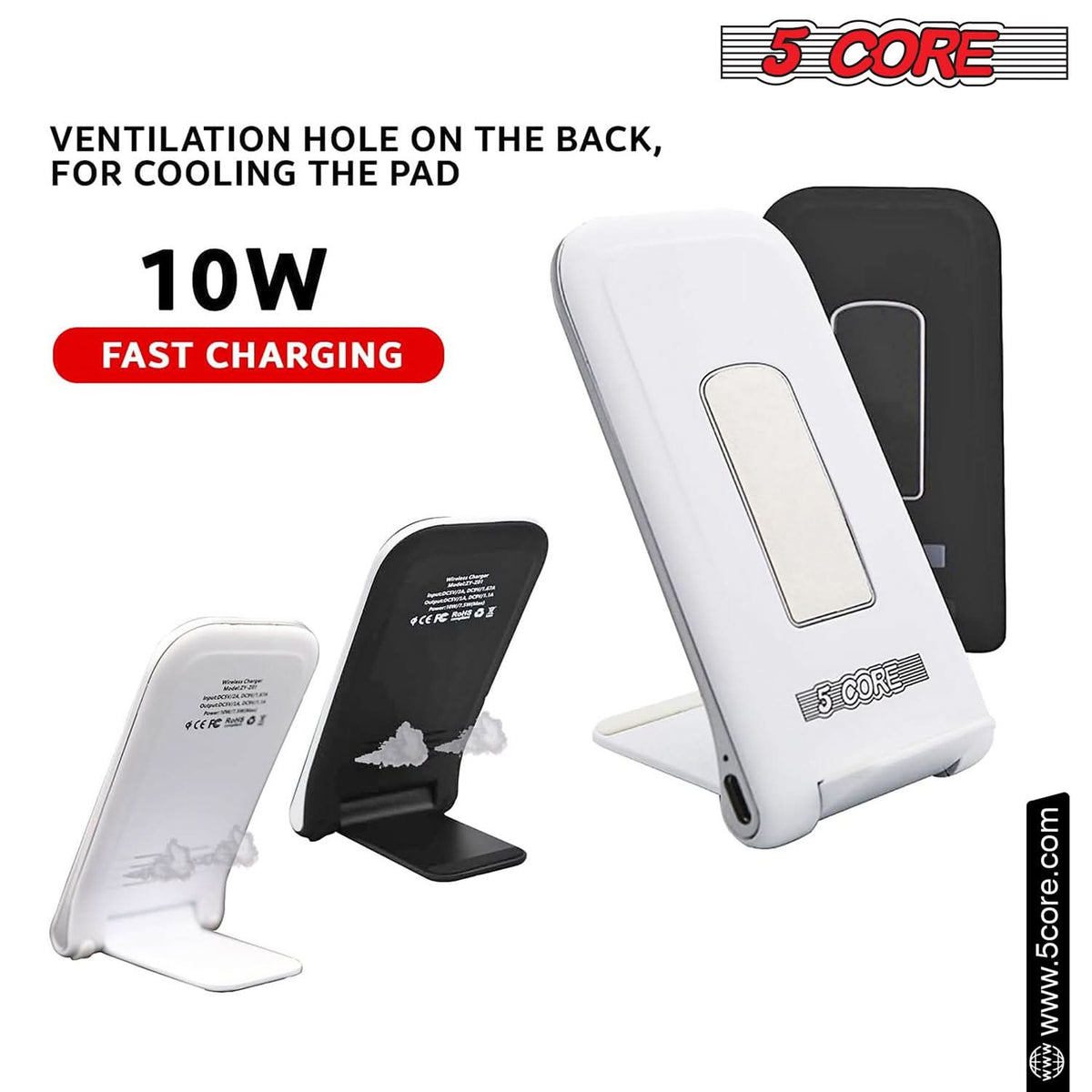 Wireless charger displaying 10W max fast charging capability on its sleek stand.