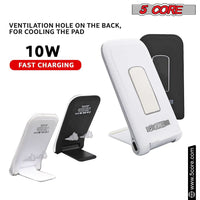 Wireless charger displaying 10W max fast charging capability on its sleek stand.