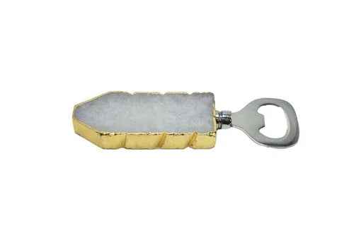 White quartz handle bottle opener featuring gold trim on a plain white background.