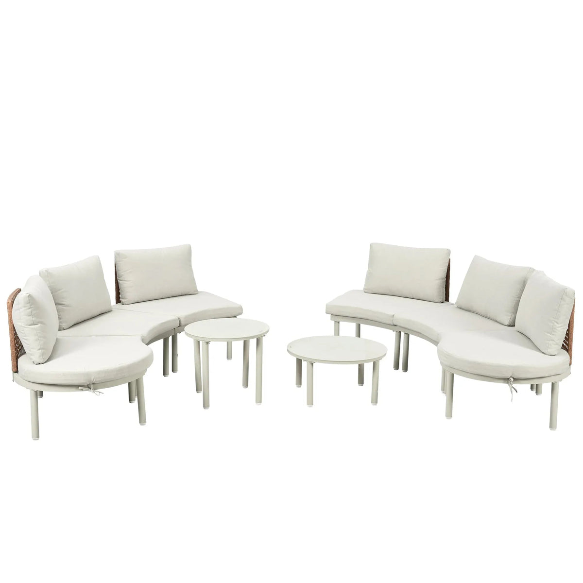Detailed shot of aluminum frame and woven rattan of outdoor sectional sofa