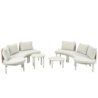 Detailed shot of aluminum frame and woven rattan of outdoor sectional sofa