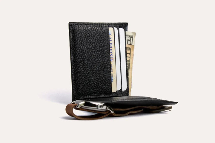 Classic leather wallet flat on white background, showing pebbled texture and contrast stitching.
