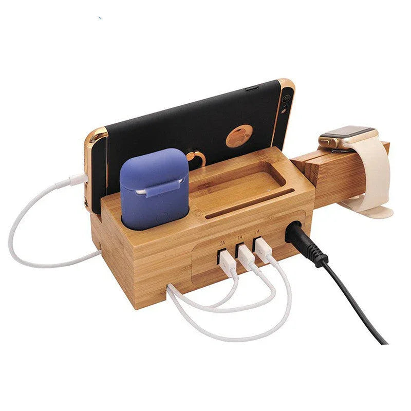 Natural bamboo multifunctional mobile phone holder with slots for Apple Watch, iPhone, and AirPods chargers.