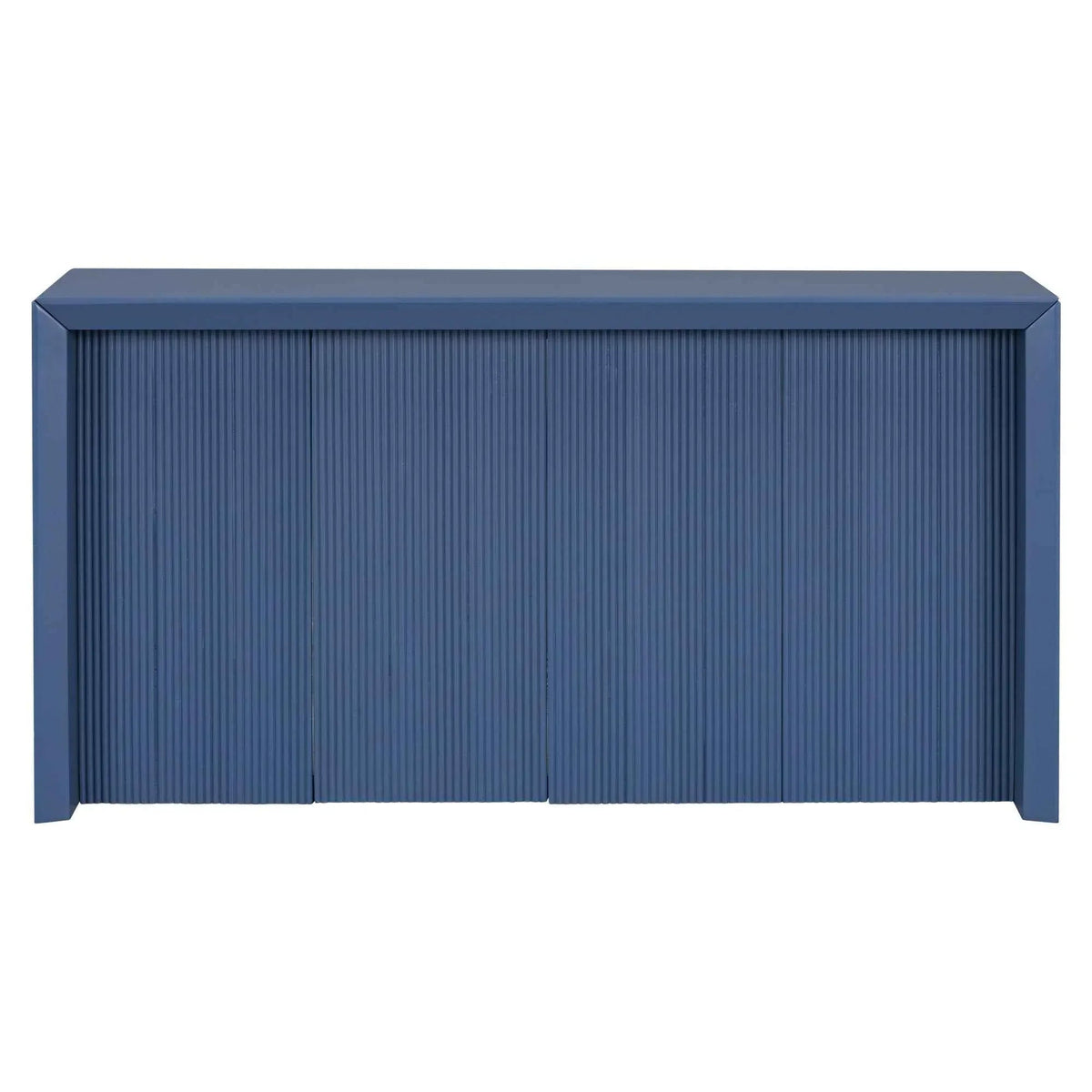 Front view of simple navy blue entryway table made of acacia wood veneer with wavy edges