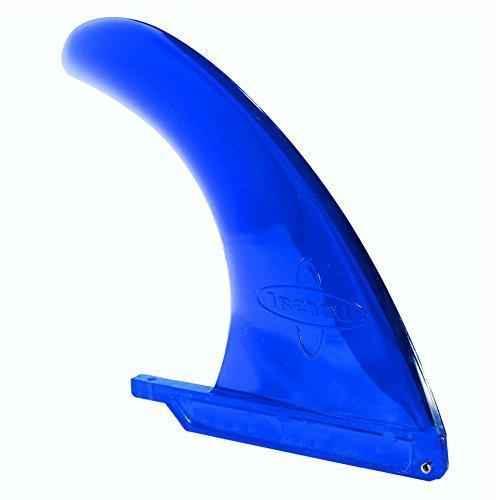 Close-up of the DORSAL Signature II translucent blue surfboard fin showing shape and slight flex.