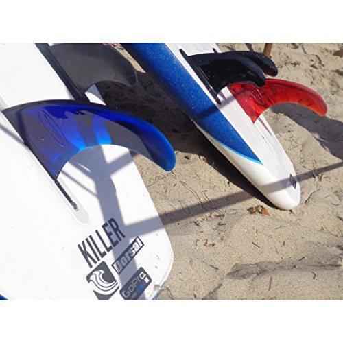 Side view of the DORSAL Signature II longboard fin highlighting its thickness and transparent blue color.