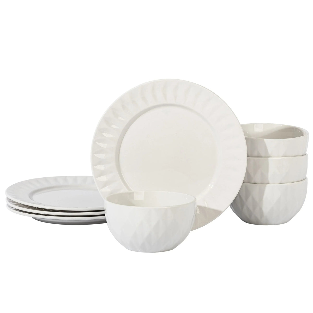 White ceramic 8-piece dinnerware set with simple geometric patterns displayed on a white surface.
