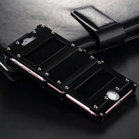 Close-up showing black Steel Armour iPhone Case II protecting iPhone edge and buttons