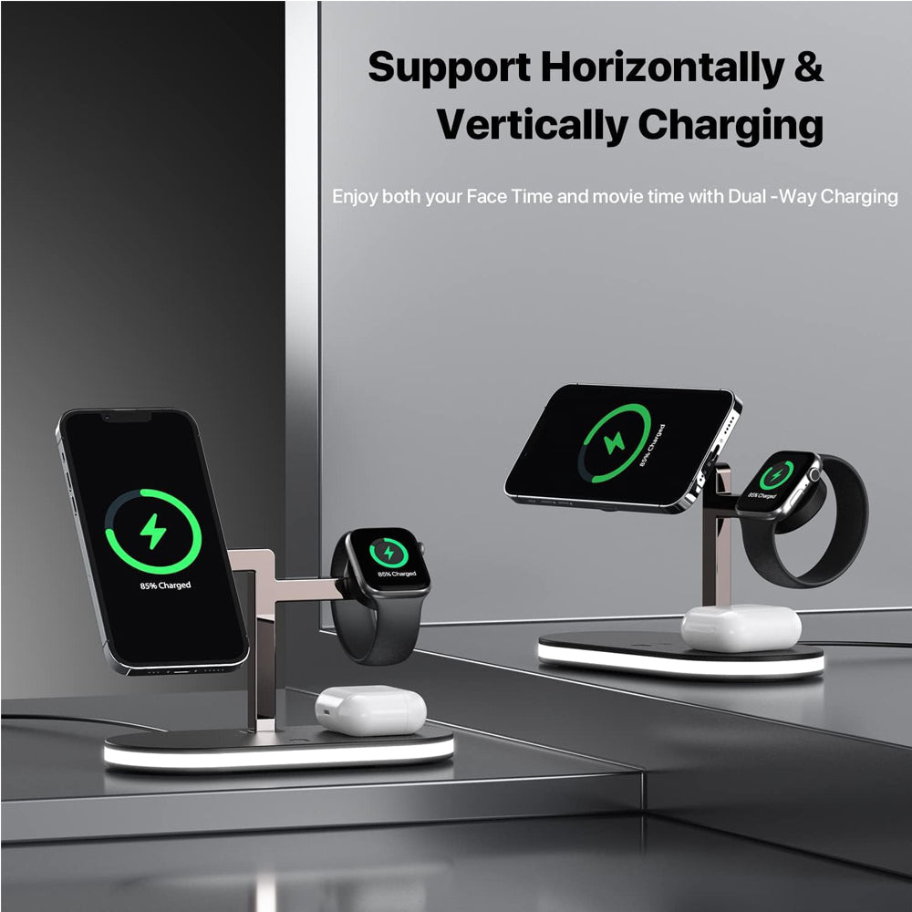 4-in-1 aluminum alloy magnetic wireless charger stand with LED lamp for smartphone, wireless earbuds, and smartwatch