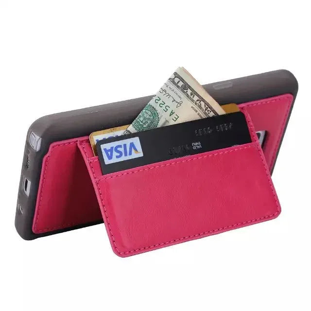 Close-up of brown leather Samsung card phone case showing texture and card slot