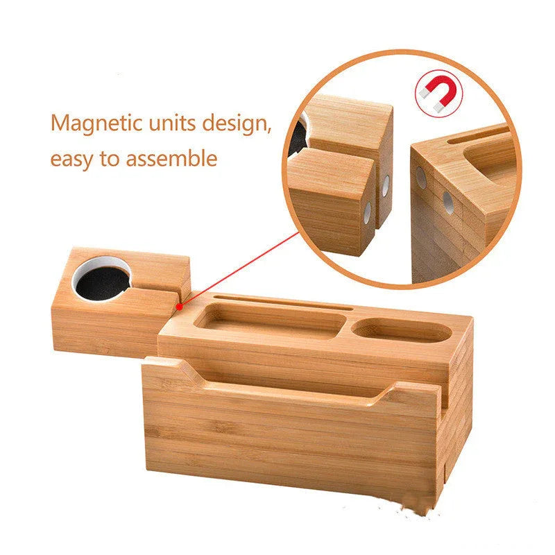 Close-up of Apple Watch placed securely in bamboo dock's dedicated charging slot.