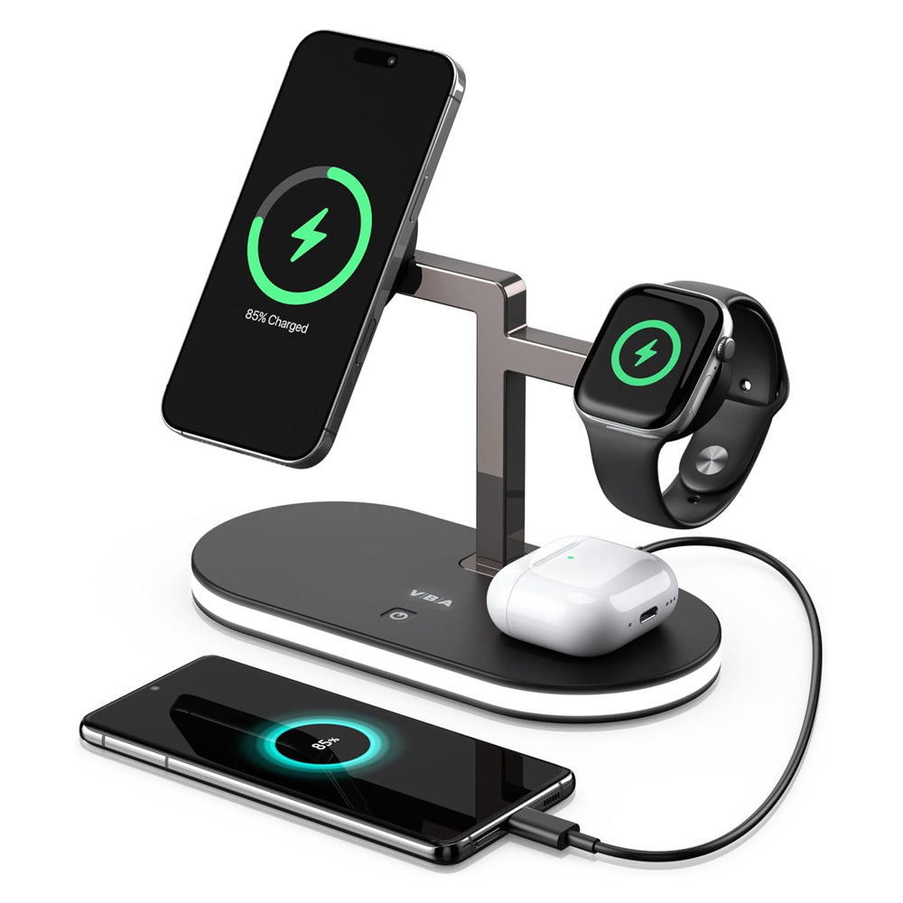 4-in-1 aluminum alloy magnetic wireless charger stand with LED lamp for smartphone, wireless earbuds, and smartwatch
