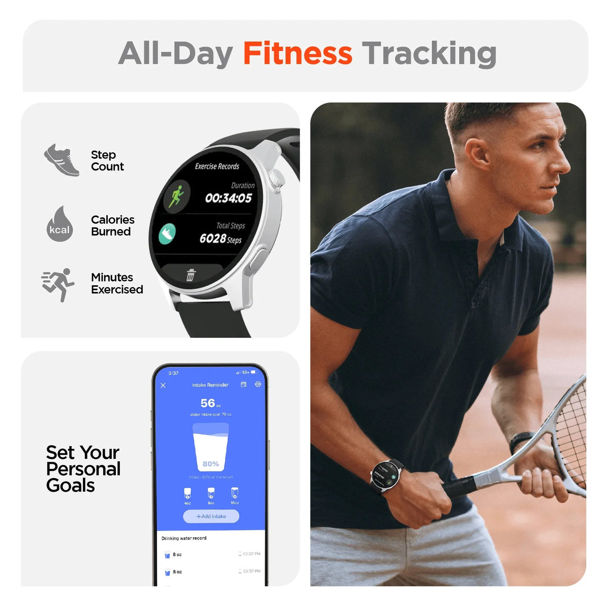 HyperGear SmartWatch displaying sleep tracking statistics on the screen at night.