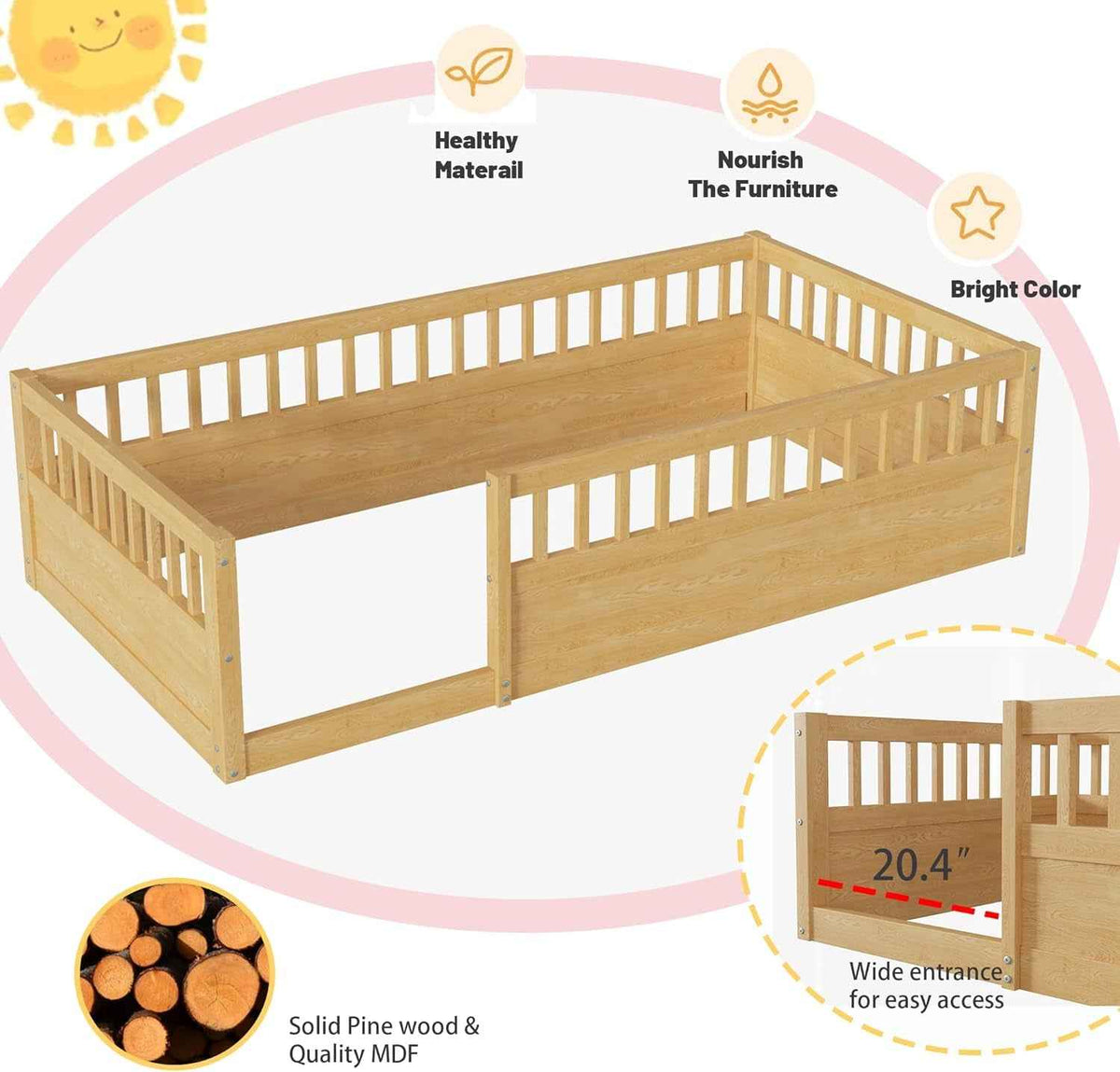Twin Montessori Floor Bed With High Safety Rails Natural