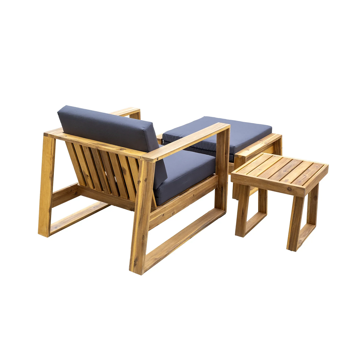 Detailed side profile technical diagram of acacia wood chair and ottoman components.