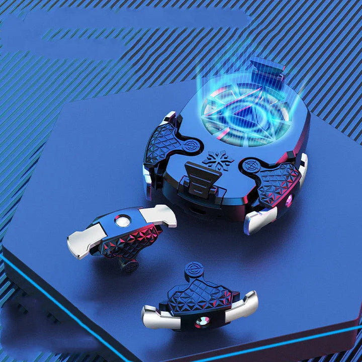 Multi-function mobile phone cooler with turbo silent fan technology on a white background.