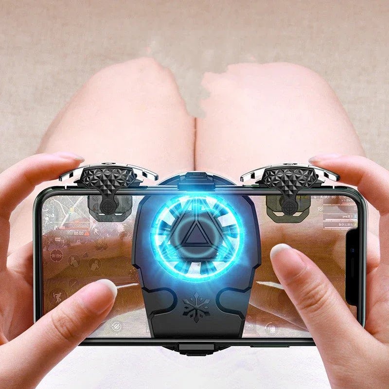 Mobile phone cooler attached to smartphone showing ventilation design for heat dissipation.