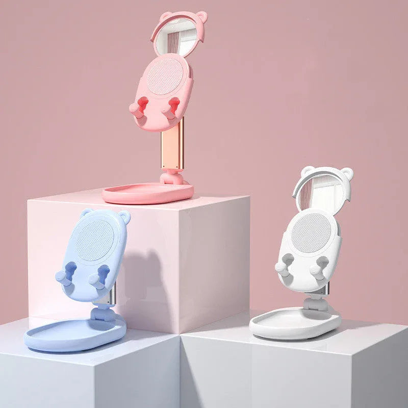 Blue adjustable desk phone holder with mirror, displayed folded on white background.