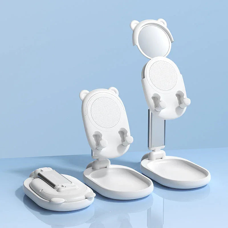 Illustration of phone stand supporting a tablet in adjustable angled position.