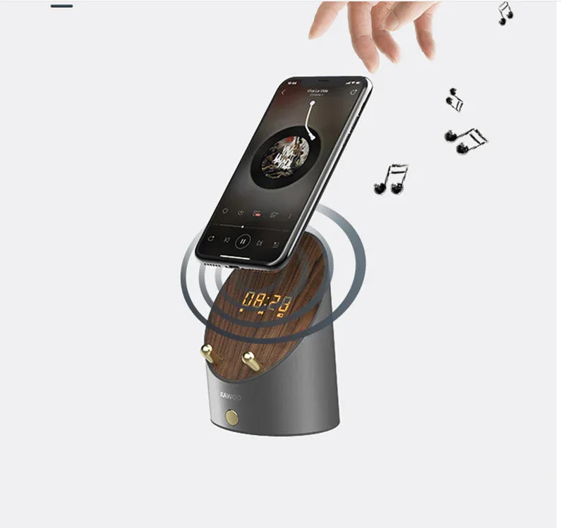 Diagram showing smartphone on the wooden induction speaker activating sound output