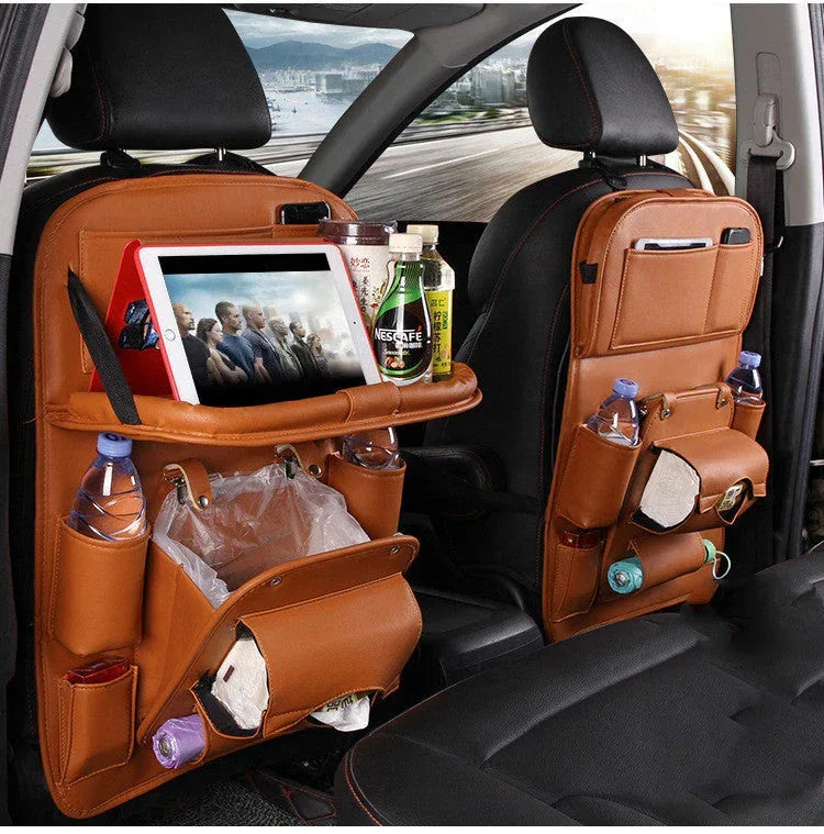 Leather Car Storage Bag Multifunction Seat Back Tray Hanging Bag - Snagva
