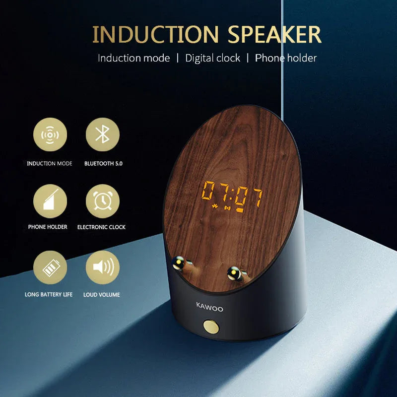 Close-up of wooden smart induction speaker surface with round speaker opening