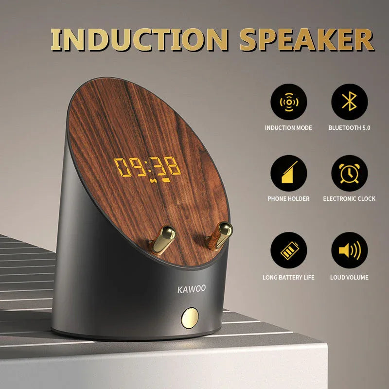 Wooden smart induction speaker phone holder shown with smartphone on stand playing music