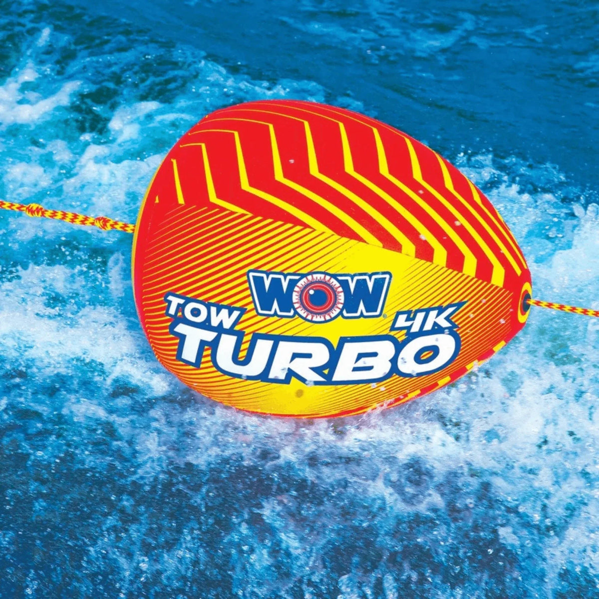 Diagram showing features of WOW Watersports Tow Turbo tow bobber with highlighted components and HI-VIS graphics.
