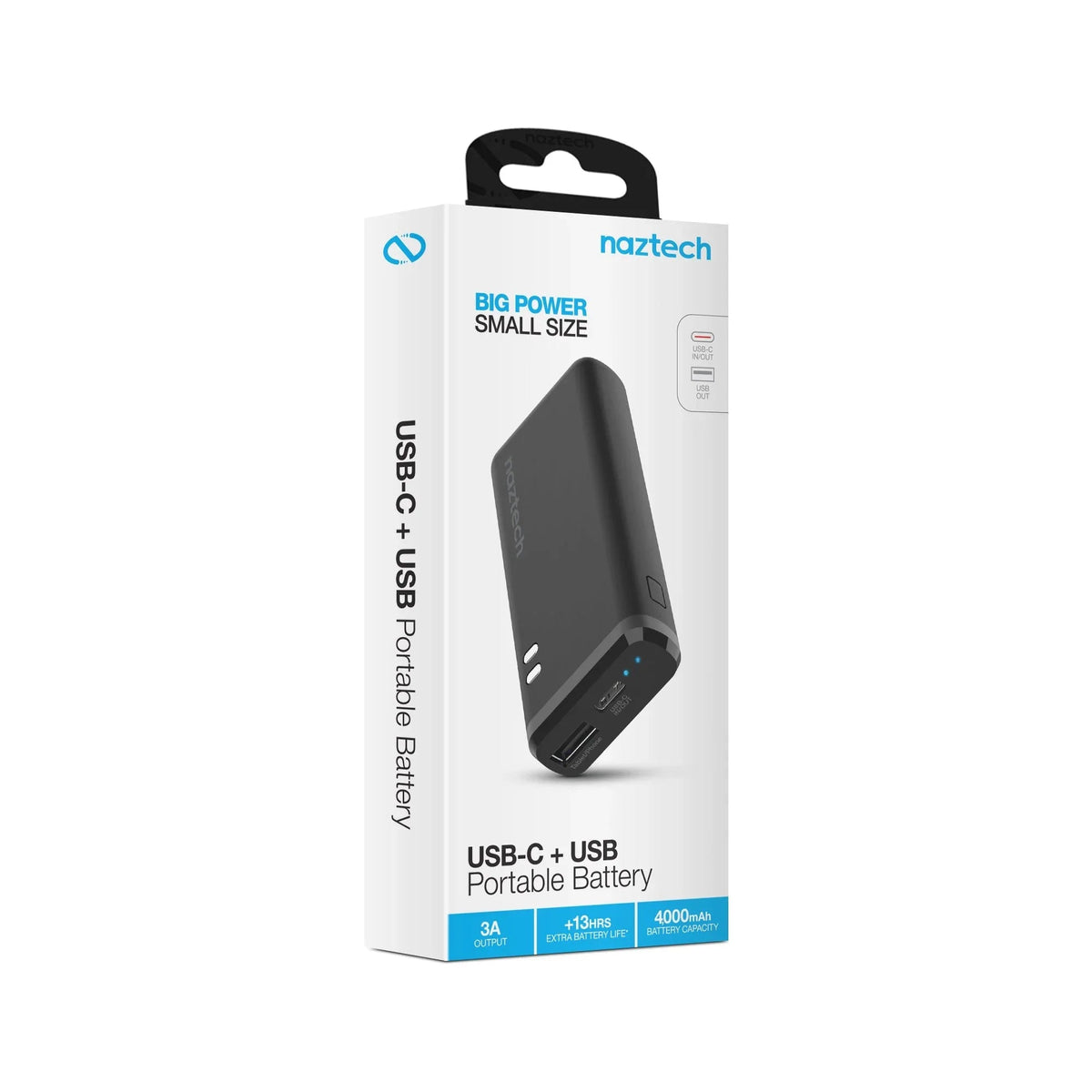 Close up of Naztech power bank showing USB-C and USB ports with charging indicator lights