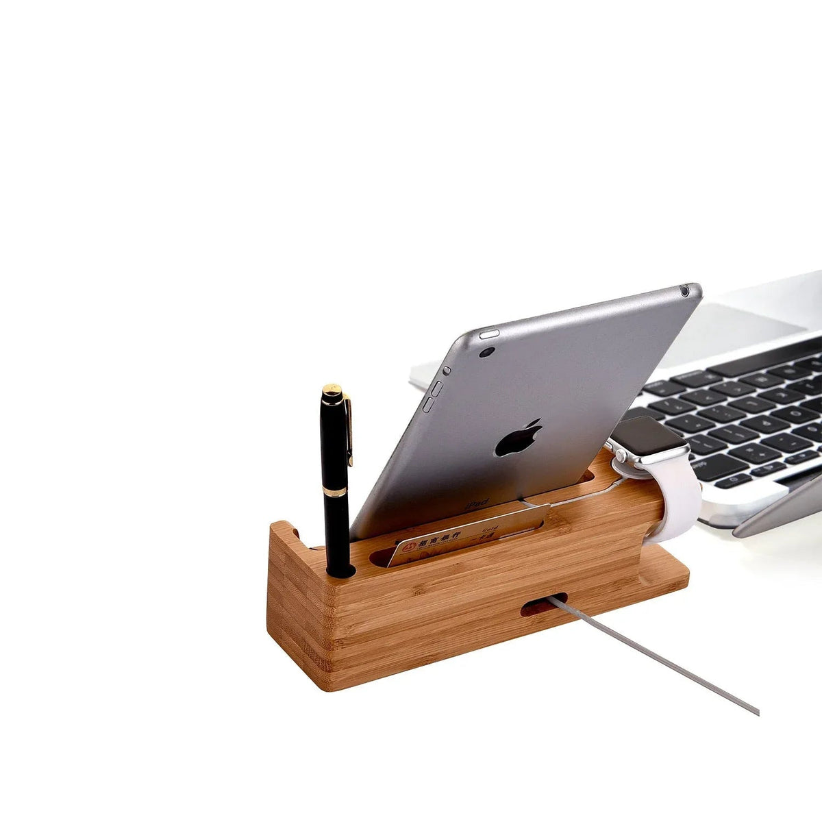 Close-up of the natural grain and texture of the bamboo phone and watch holder.