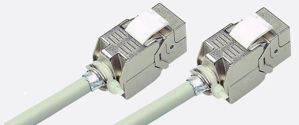 Close-up of 1.5 meter Cat 6a 10G FTP keystone Ethernet cable showing connectors and durable boot.