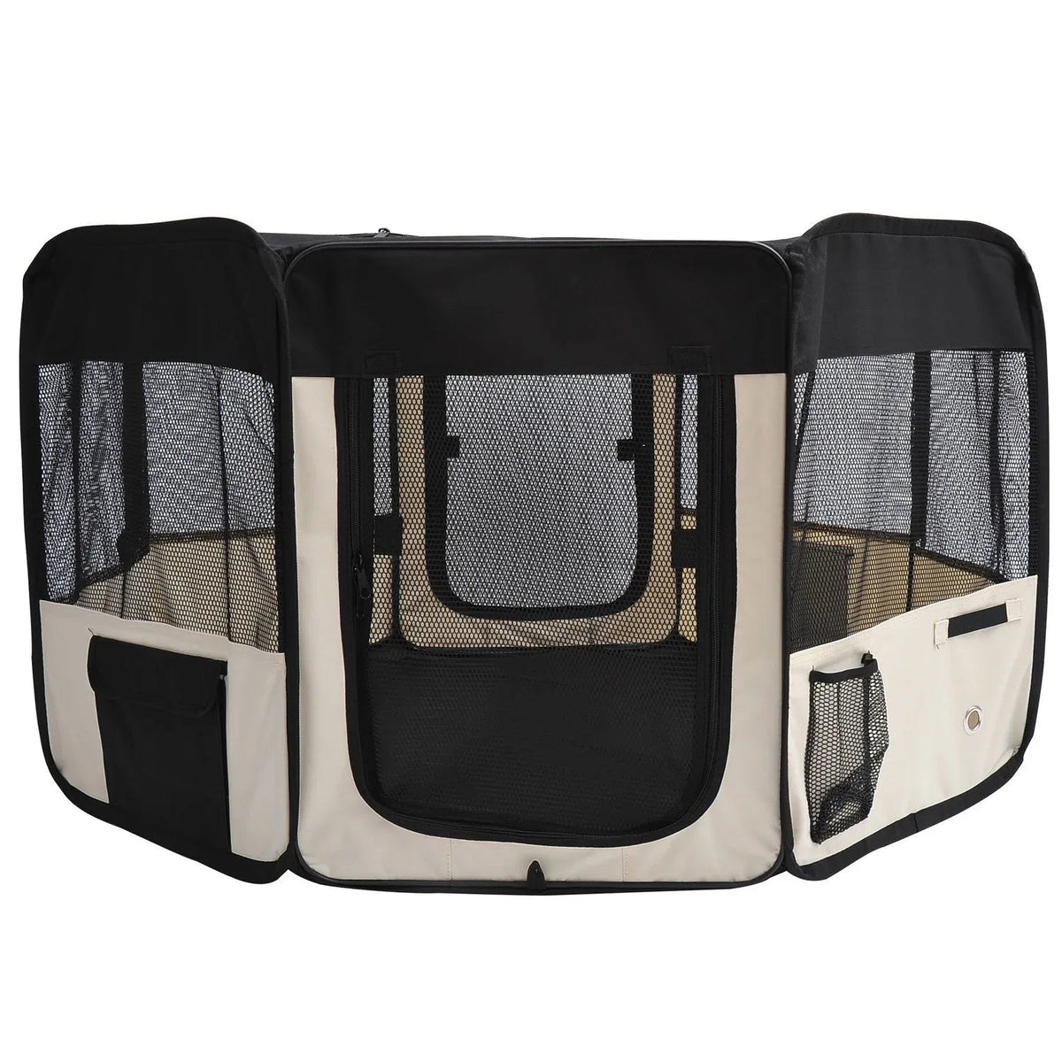 PawHut soft pet playpen set up indoors with tan-colored fabric and mesh side panels.