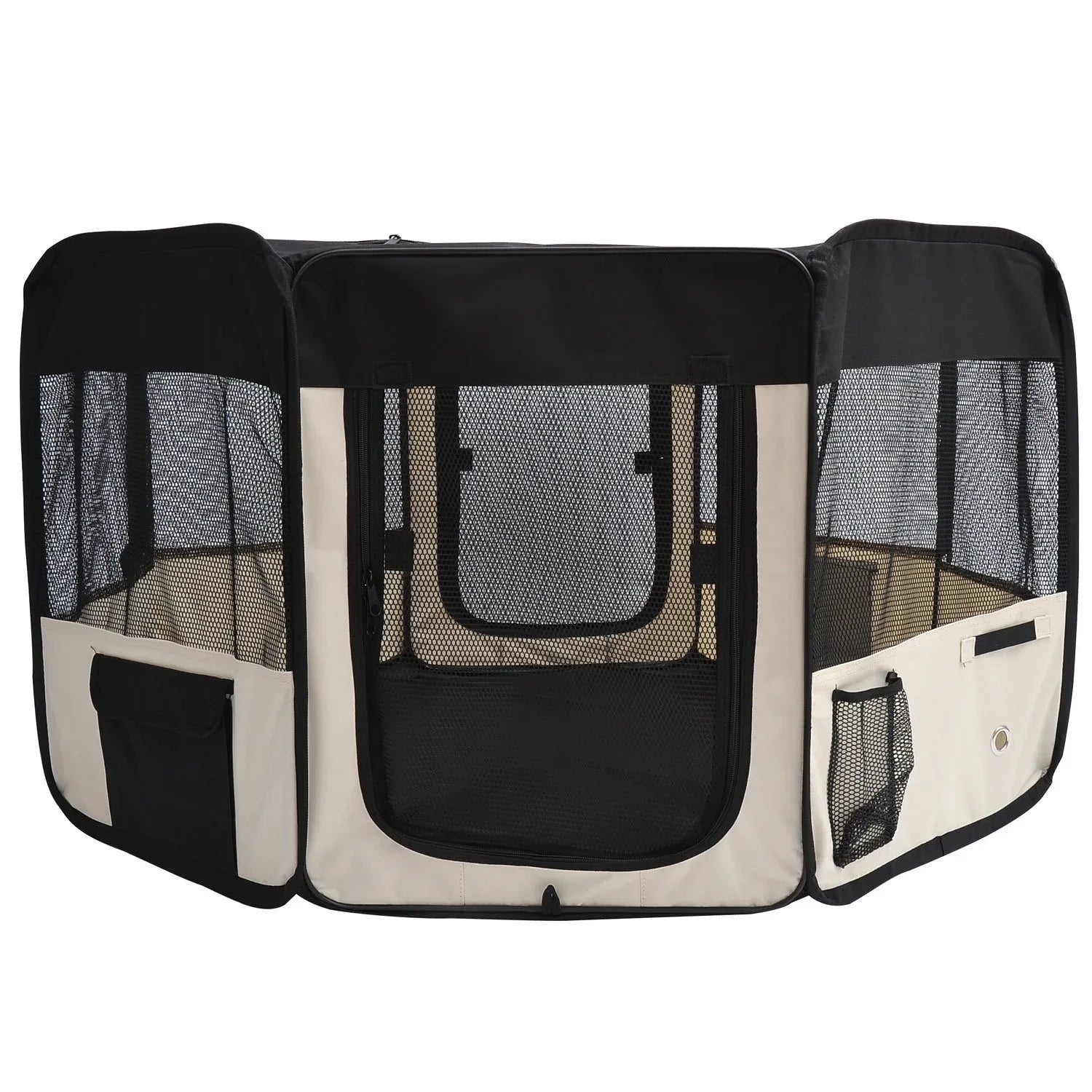 PawHut soft pet playpen set up indoors with tan-colored fabric and mesh side panels.