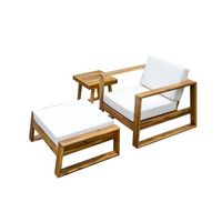 Close-up view of natural acacia wood armrest on outdoor lounge chair