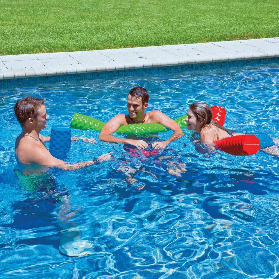 Illustration showing pool noodle dimensions and features like UV resistance and heavy-duty vinyl