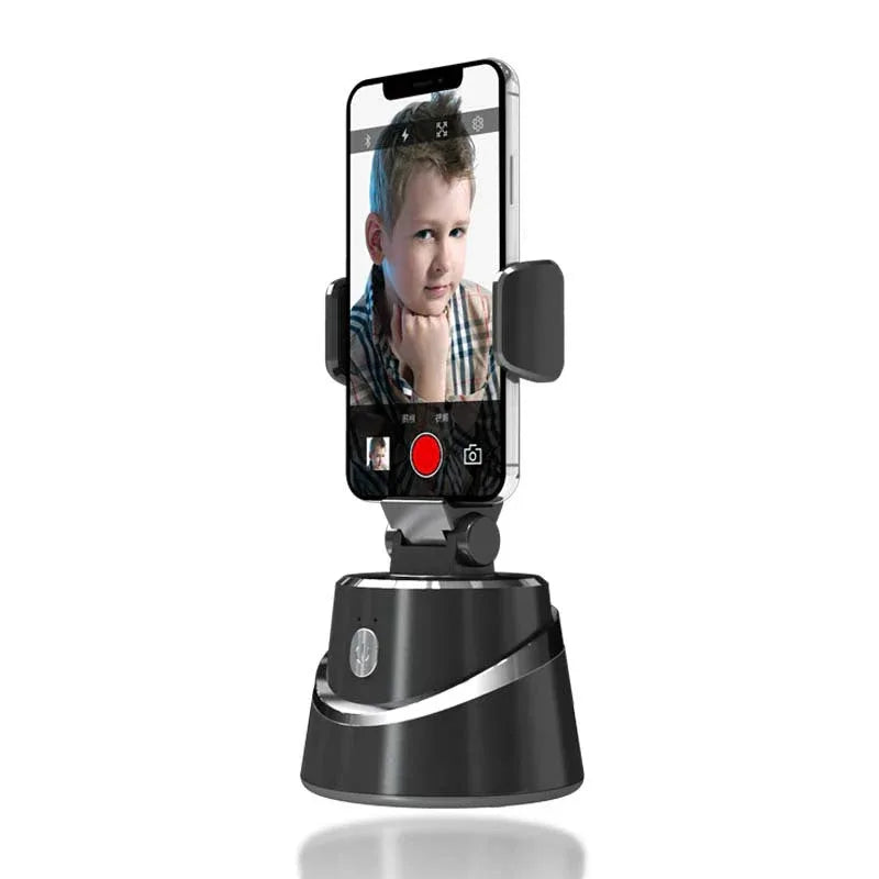 Close-up showing 360° object tracking phone holder attached to a smartphone.