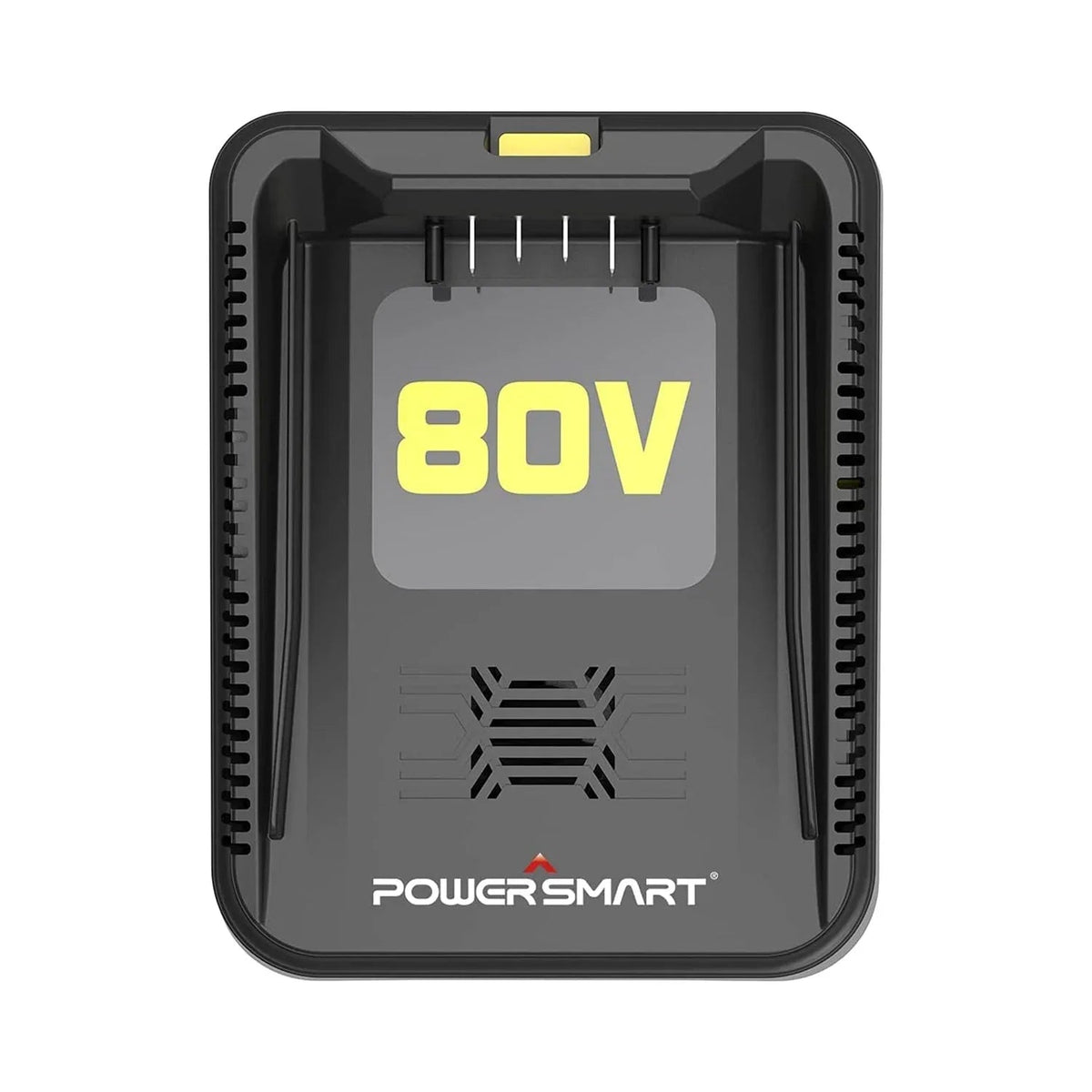 PowerSmart 80V charger with cable placed on a white surface, showing front and side view.