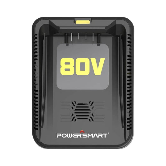 PowerSmart 80V charger with cable placed on a white surface, showing front and side view.