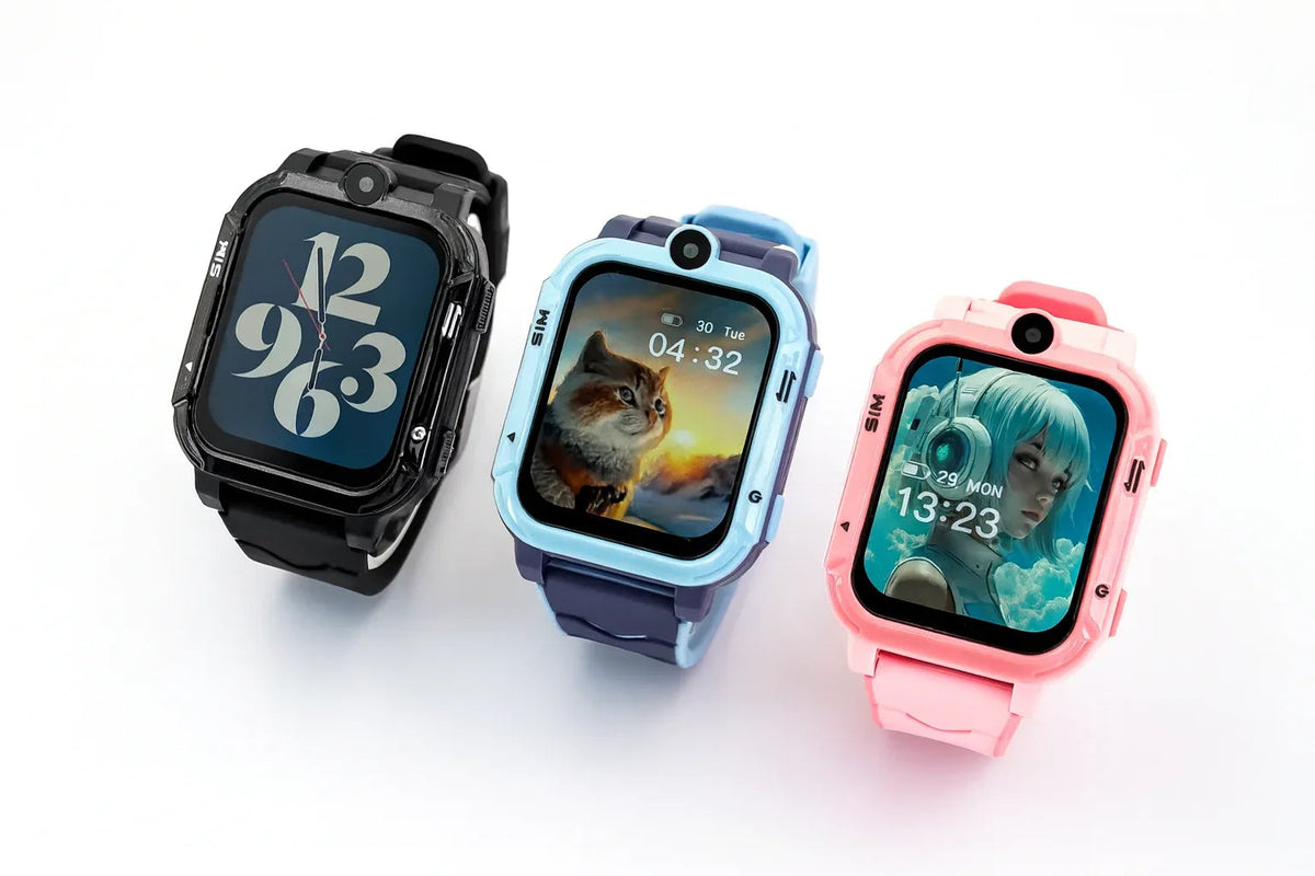 Front view of a 4G Android kids smartwatch with a colorful display showing time and app icons.