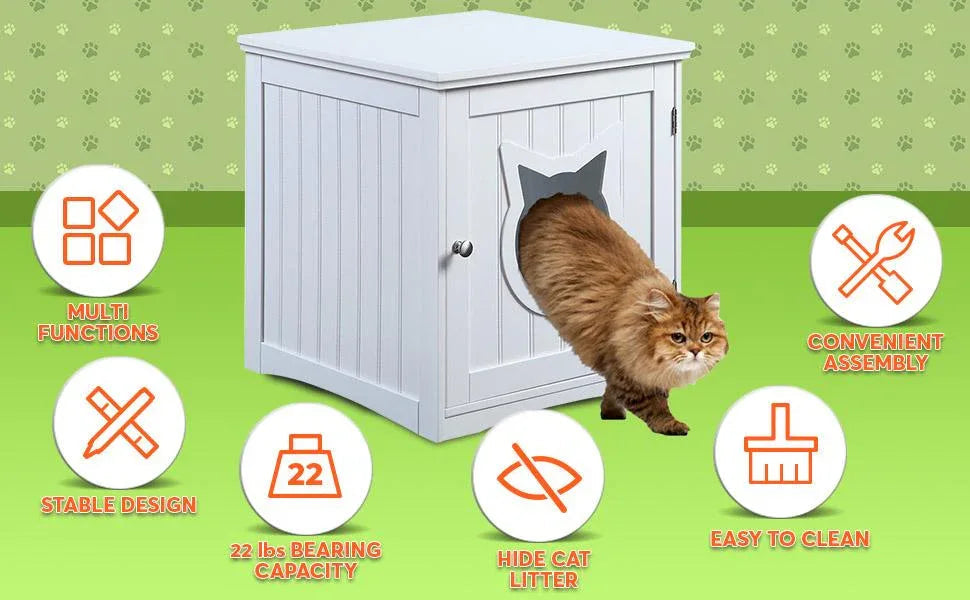 Wooden cat house side table with open cat door and cozy interior space
