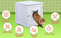 Wooden cat house side table with open cat door and cozy interior space
