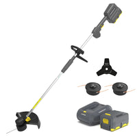 Top view of 40V cordless brush cutter showing cutting blade and ergonomic handle