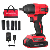 20V brushless cordless impact wrench with battery and charger on white background.