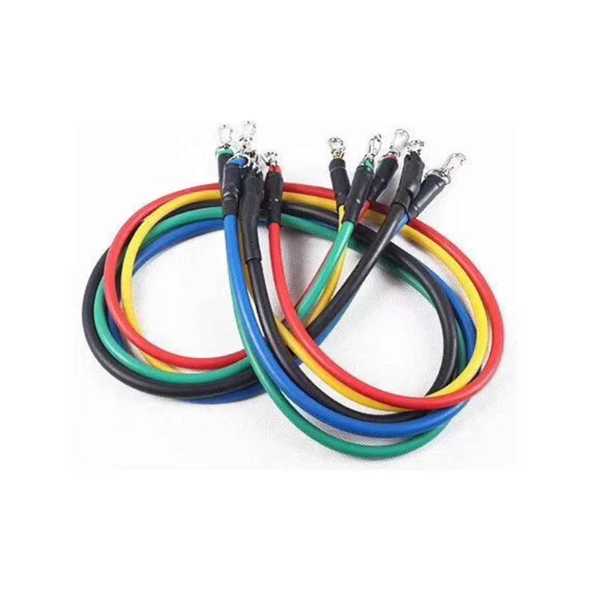 A set of colorful resistance bands with handles, ankle straps, and a door anchor for versatile home workouts.