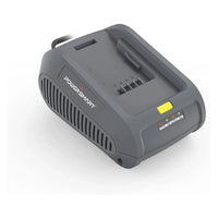 40V 4A lithium battery charger with ventilation slots and power cord on a white background.