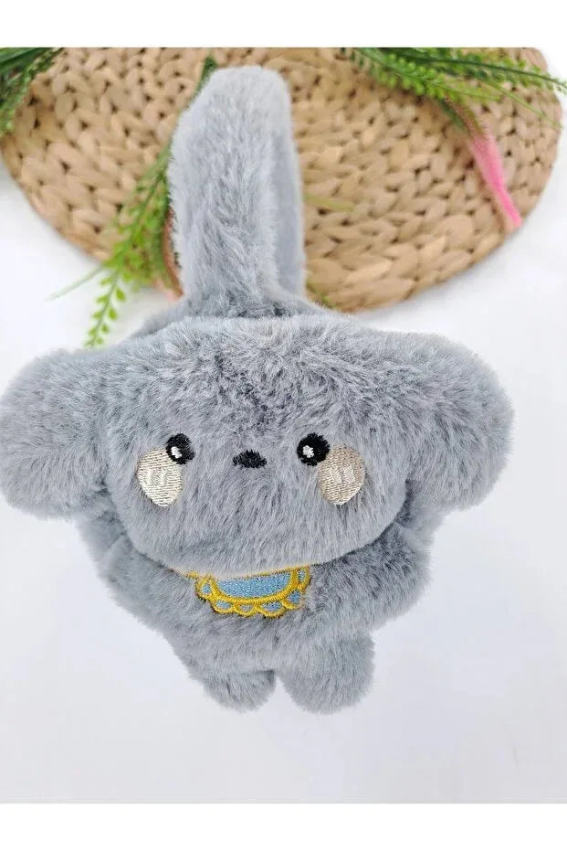 Boys grey plush winter earmuffs with floppy puppy ears for kids, soft and fluffy texture