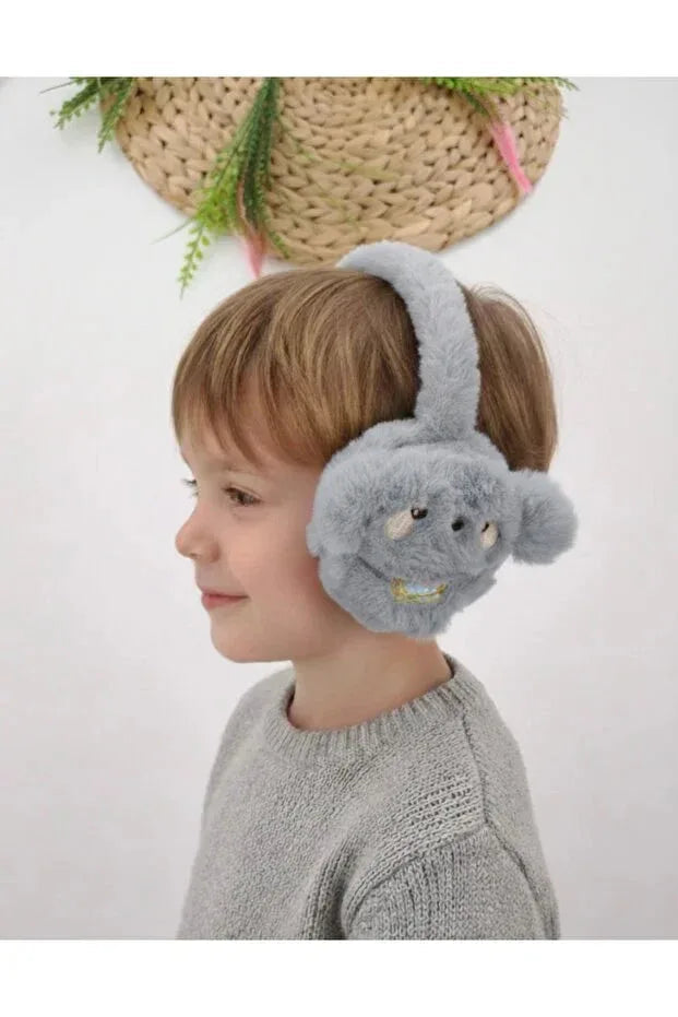 Close-up of kids grey plush earmuffs shaped like a puppy with soft fabric